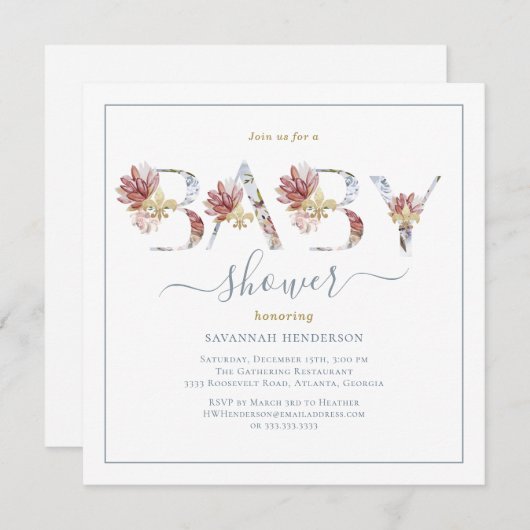 水彩フローラ及び金ゴールドベビーシャワー招待状 招待状 (正面/裏面)