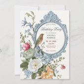 水彩フローラ及び鳥枠誕生日 招待状 (正面)