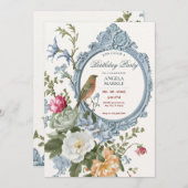 水彩フローラ及び鳥枠誕生日 招待状 (正面/裏面)