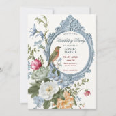 水彩フローラ及び鳥枠誕生日 招待状 (正面)
