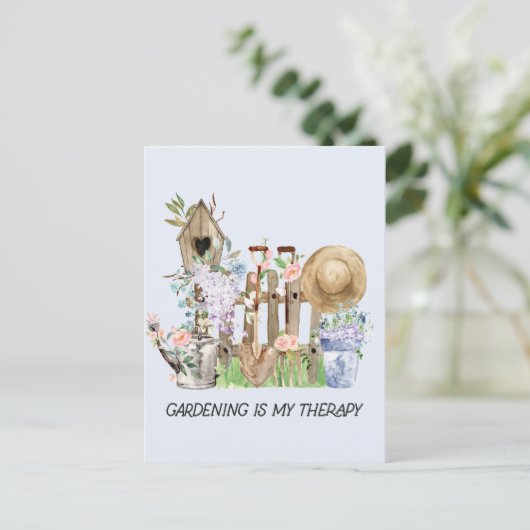 水彩フローラ園芸用具と引用文 ポストカード (スタンド正面)