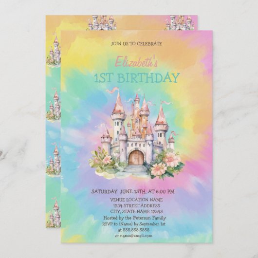 水彩フローラ城絞り染め誕生日 招待状 (正面/裏面)