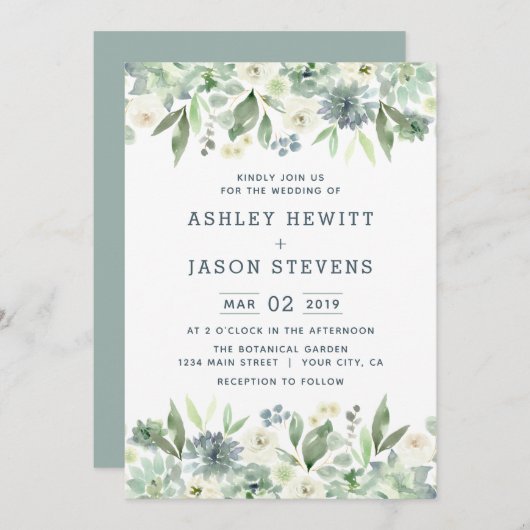 水彩フローラ多肉性結婚式招待状 招待状 (正面/裏面)
