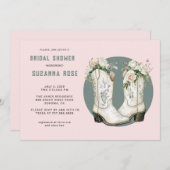 水彩フローラ女性のカーボーイブーツピンクブライダルシャワー 招待状 (正面/裏面)