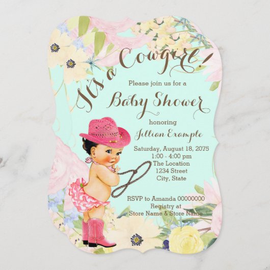 水彩フローラ女性のカーボーイベビーシャワー 招待状 (正面/裏面)