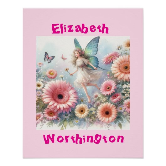 水彩フローラ妖精プリンセスタイポグラフィピンク ポスター (正面)