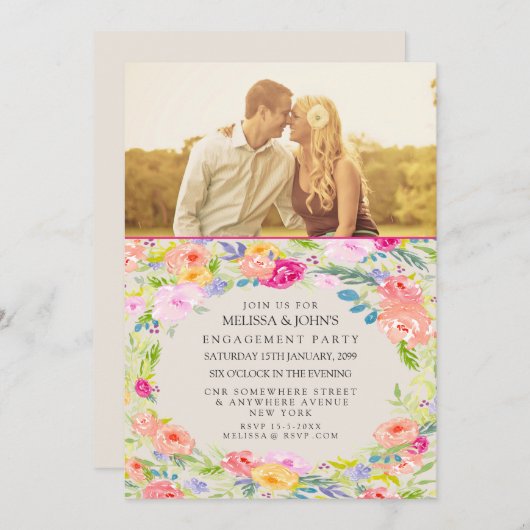 水彩フローラ婚約パーティフォト招待状 招待状 (正面/裏面)