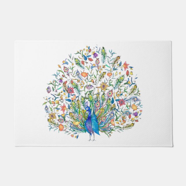 水彩フローラ孔雀 ドアマット (正面)