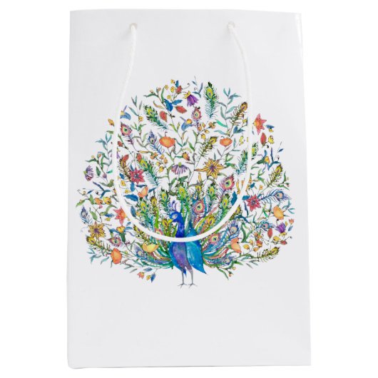 水彩フローラ孔雀 ミディアムペーパーバッグ (正面)
