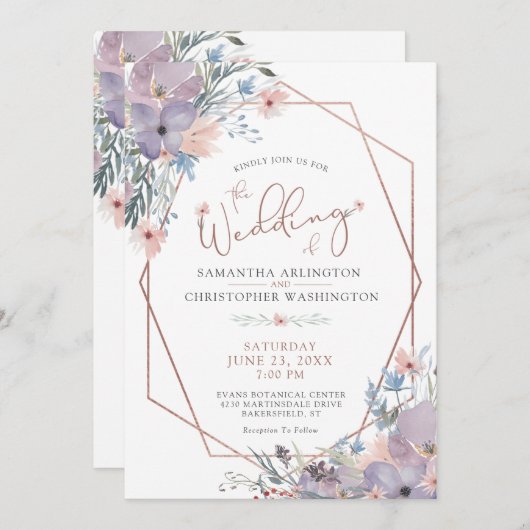 水彩フローラ山花幾何学模様結婚の 招待状 (正面/裏面)