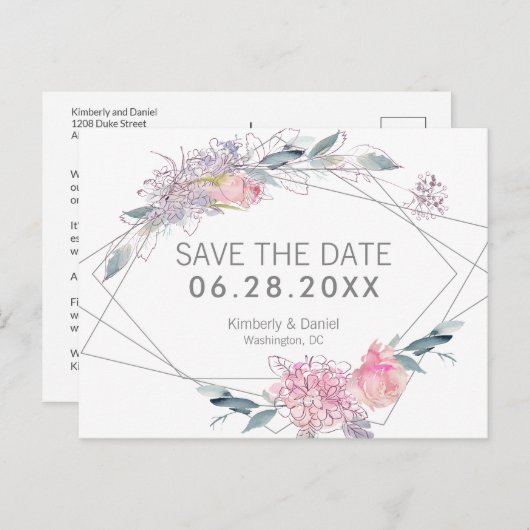 水彩フローラ幾何学日付を保存 案内ポストカード (正面/裏面)