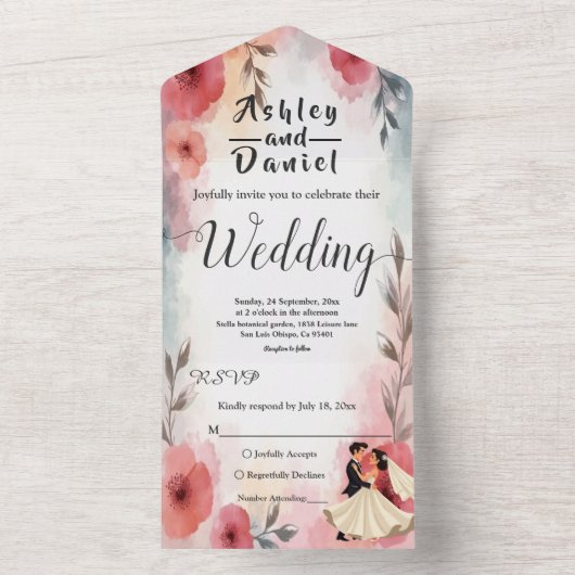 水彩フローラ新郎新婦エレガントな結婚式 オールインワン招待状 (内側)
