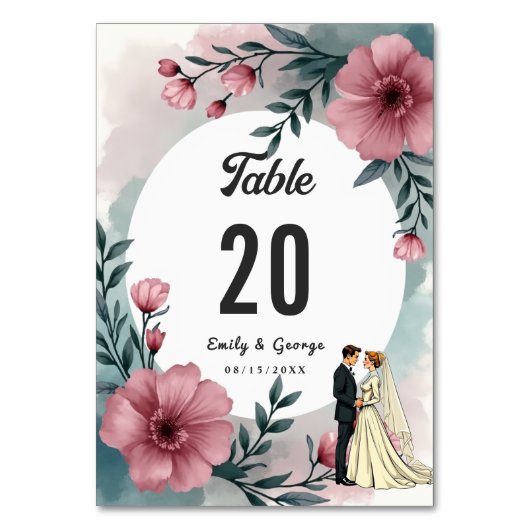 水彩フローラ新郎新婦エレガントな結婚式 テーブルナンバー (正面)