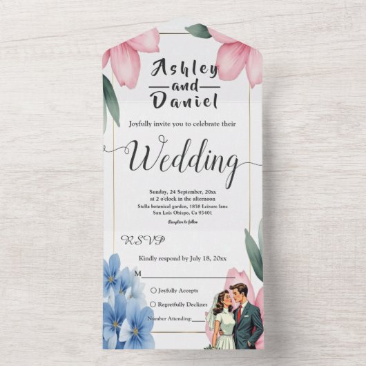 水彩フローラ新郎新婦サマー結婚ズ オールインワン招待状 (内側)