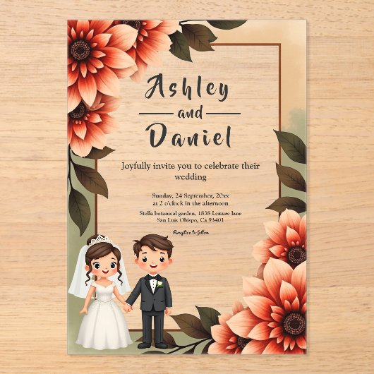 水彩フローラ新郎新婦ロマンチック結婚ズ アクリル招待状 (正面)