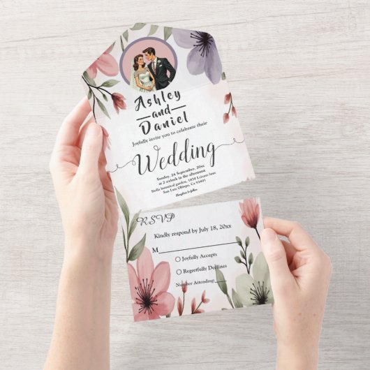 水彩フローラ新郎新婦ロマンチック結婚ズ オールインワン招待状 (貼ってはがせる)
