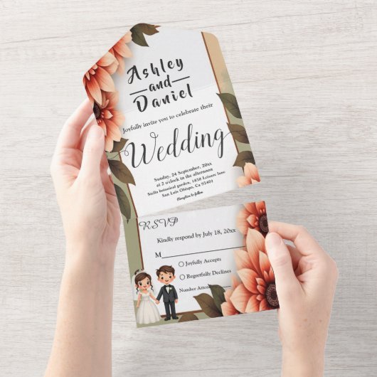 水彩フローラ新郎新婦ロマンチック結婚ズ オールインワン招待状 (貼ってはがせる)