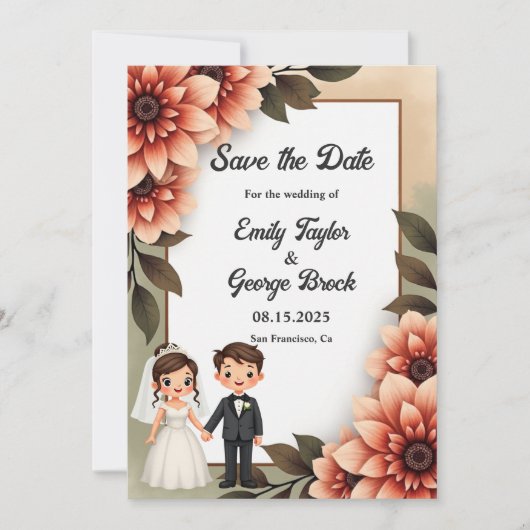 水彩フローラ新郎新婦ロマンチック結婚ズ セーブザデート (正面)