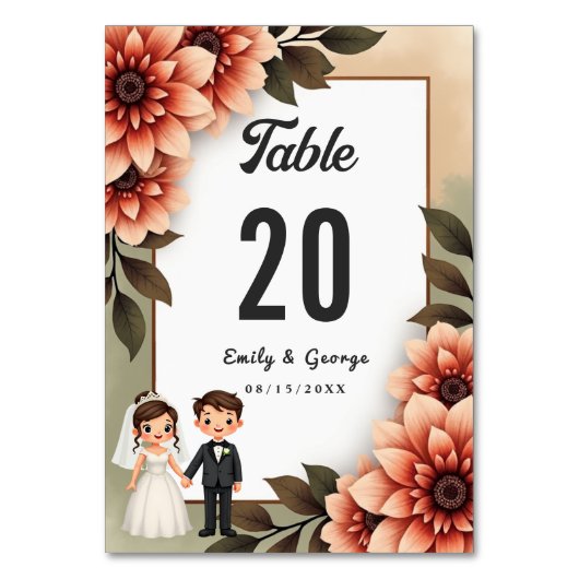 水彩フローラ新郎新婦ロマンチック結婚ズ テーブルナンバー (裏面)