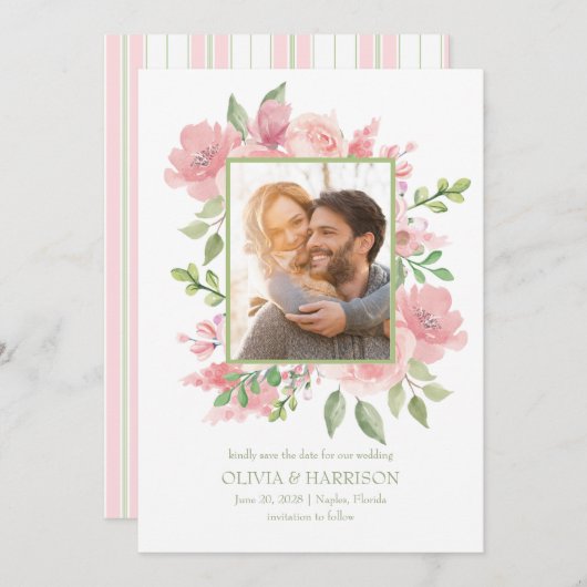 水彩フローラ日付カードを写真付きで保存 招待状 (正面/裏面)