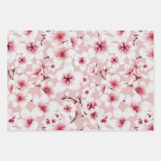 水彩フローラ日本のさくらんぼ花模様 ラッピングペーパーシート (正面)