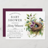 水彩フローラ春バードネストベビーシャワー 招待状 (正面/裏面)