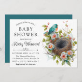 水彩フローラ春バードネストベビーシャワー 招待状 (正面/裏面)