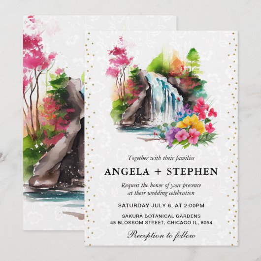 水彩フローラ春結婚滝 招待状 (正面/裏面)