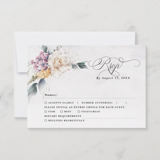 水彩フローラ書モダン結婚の 出欠カード (正面)