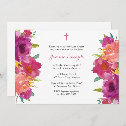 水彩フローラ最初の通信パーソナライズされた 招待状 (正面/裏面)