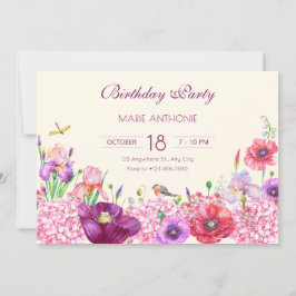 水彩フローラ枝鳥自然誕生日 招待状