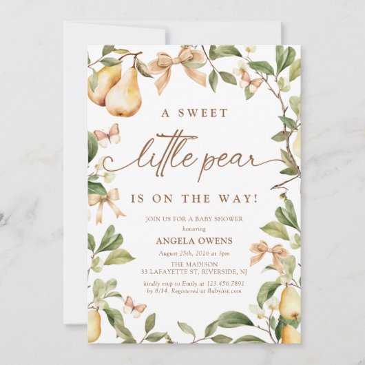 水彩フローラ梨ベビーシャワー 招待状 (正面)