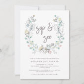 水彩フローラ植物リース| Sipと参照 招待状 (正面)