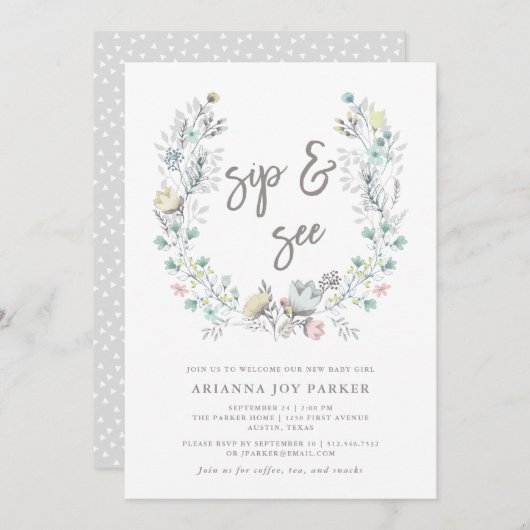 水彩フローラ植物リース| Sipと参照 招待状 (正面/裏面)