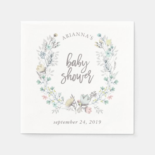 水彩フローラ植物学リース |赤ちゃんシャワー スタンダードカクテルナプキン (正面)