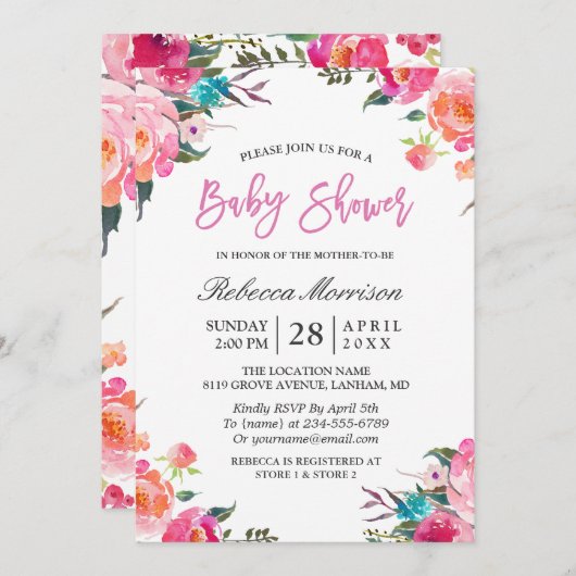 水彩フローラ植物性リースベビーシャワー 招待状 (正面/裏面)