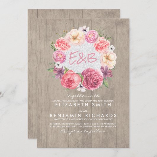 水彩フローラ植物性リース素朴結婚ズ 招待状 (正面/裏面)