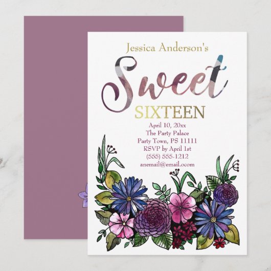 水彩フローラ植物Sweet sixteen 招待状 (正面/裏面)