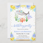 水彩フローラ水中クジラ誕生日 招待状 (正面)