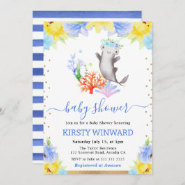水彩フローラ水中サメ赤ちゃんシャワー 招待状