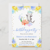 水彩フローラ水中シャーク誕生日 招待状 (正面)