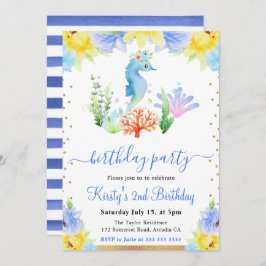 水彩フローラ水中シーホース誕生日 招待状