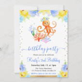 水彩フローラ水中タコ誕生日 招待状 (正面)