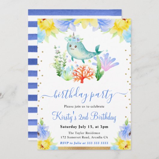 水彩フローラ水中ナルワル誕生日 招待状 (正面/裏面)