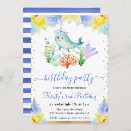 水彩フローラ水中ナルワル誕生日 招待状