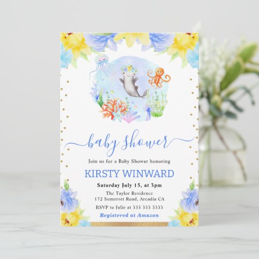 水彩フローラ水中動物赤ちゃんシャワー 招待状 (スタンド正面)
