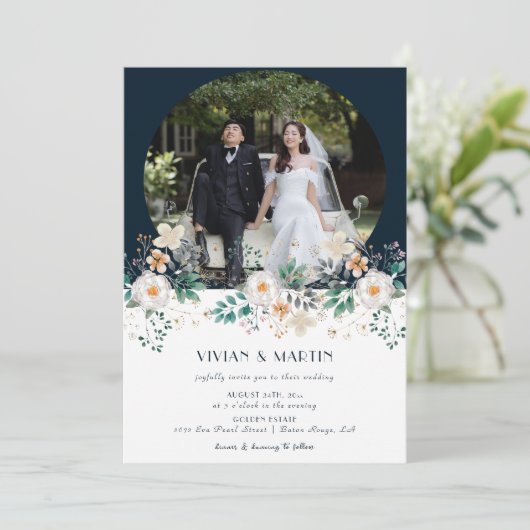 水彩フローラ深いインザドリームフォト結婚ズ 招待状 (スタンド正面)