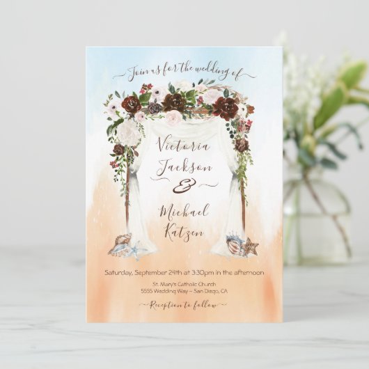 水彩フローラ熱帯ビーチキャノピー結婚ズ 招待状 (スタンド正面)