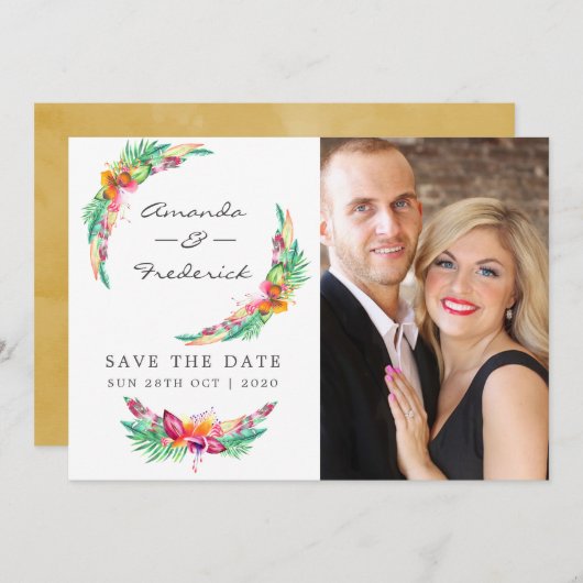 水彩フローラ熱帯夏ビーチ結婚式 セーブザデート (正面/裏面)