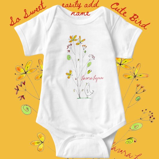 水彩フローラ甘い鳥の名前 ベビーボディスーツ